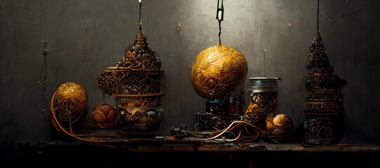 An still life with a metal pomegranate lantern a Javanese birdcage and banana leaves in the back a Javanese graffiti Wall Mural metal cables everywhere elaborate details wide shot highly detailed  - obrazy, fototapety, plakaty