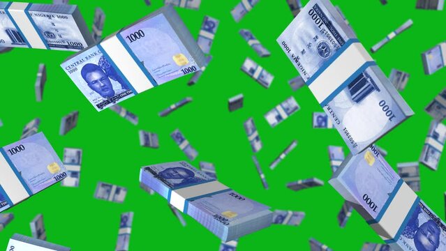 3D animation of stacks of Nigerian naira notes blasting from center of screen in front of green screen background
