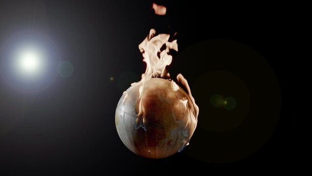 Flames consume globe of mother earth creating scorched earth, backlit lens flare