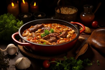 Savory Delights of French Tradition: A Rustic and Aromatic Visual Feast Showcasing the Iconic Cassoulet, a Protein-Packed Culinary Masterpiece