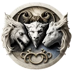 Fototapeten Marble white chimera logo with three heads Lion dragon and goat Fantasy guild logo Plain white background  © Jessie