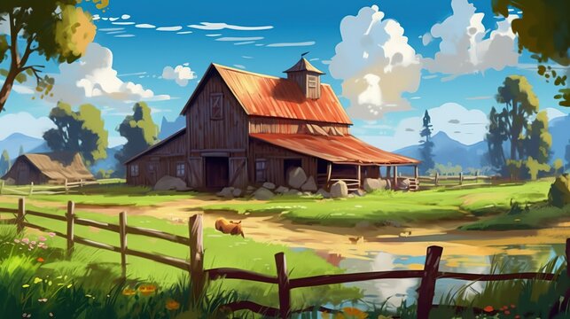 Picturesque farm and ranch experience. Fantasy concept , Illustration painting.