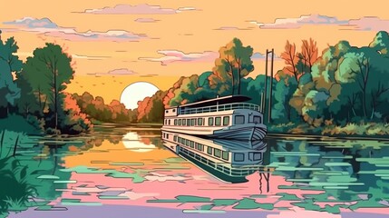 Peaceful river cruise. Fantasy concept , Illustration painting.