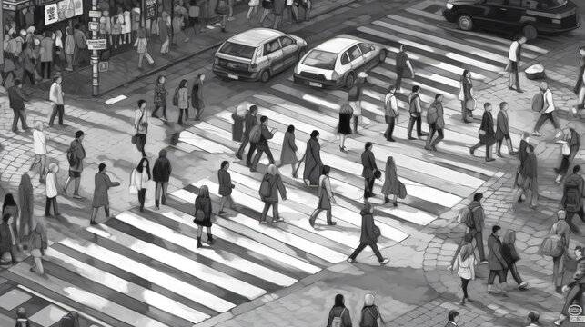 Pedestrians crossing a busy intersection. Fantasy concept , Illustration painting.