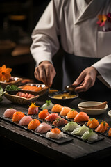 A sushi chef's skillful hand, carefully arranges an exquisite omakase sushi platter with an array of perfectly sliced fish and delicately formed sushi, showcased against a sushi bar background.