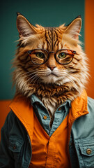 Portrait of a smart with glasses is cat looking at the camera, wearing clothes.