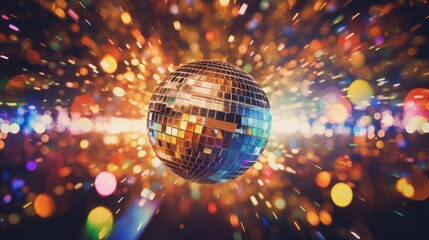 disco ball sphere with colorful disco lights at a party. abstract wallpaper background. 16:9, 4k. Generative AI