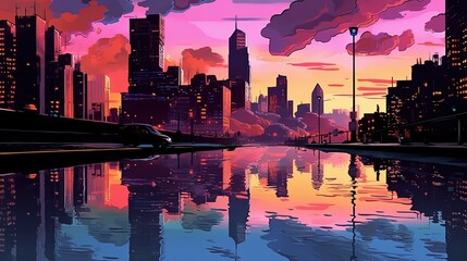 Nighttime cityscape reflection. Fantasy concept , Illustration painting.