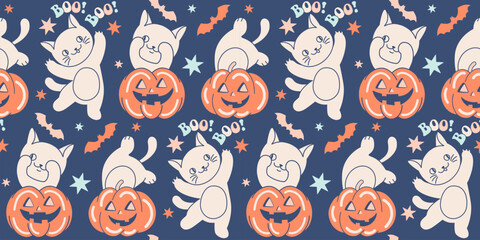 Fun Halloween seamless wallpaper. Naughty cats and pumpkins. Day of the Dead concept. Tile Feline backdrop for Halloween wrapping paper or fabric. Adorable kittens on spooky fall themed background.