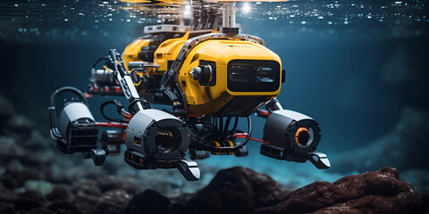 Personalized cargo submersibles provide a new mode of transportation for goods underwater Tourist Submersible Near Titanic Wreckage in water Ai Generative