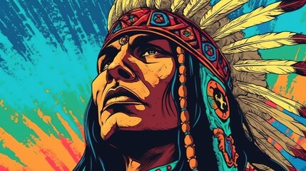 Native American chief. Fantasy concept , Illustration painting. - obrazy, fototapety, plakaty