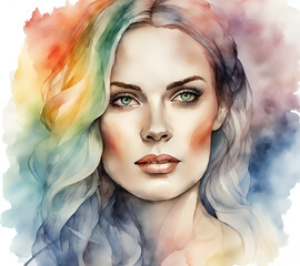Portrait of a beautiful woman in rainbow color on paper, drawing watercolor painting