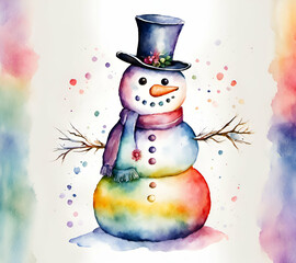 Christmas snowman in a hat rainbow color on paper, drawing watercolor painting