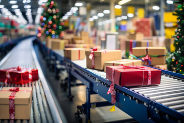 Closeup of multiple colorful fancy Christmas gift and presents moving along a conveyor belt in a warehouse fulfillment center, which decorated by christmas ornament. Generative AI. 
