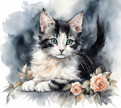 Cute black kitten on paper, drawing watercolor painting