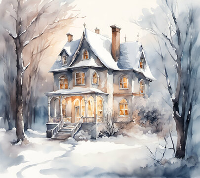 Cozy house in nature on paper, drawing watercolor painting
