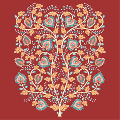 Tree with flowers in the style of kalamkari. Indian style. Emblem, symbol, design for packaging, embroidery, textiles. Vector illustration. 