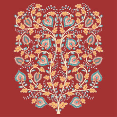 Tree with flowers in the style of kalamkari. Indian style. Emblem, symbol, design for packaging, embroidery, textiles. Vector illustration. 