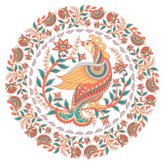 –ü–µ—á–∞—Ç—åCircular ornament with a bird and flowers. Indian style. Kalamkari. Emblem, logo design, t-shirt design, packaging, plate, design for home decor, accessories.