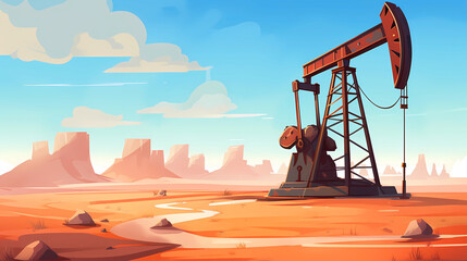 Hand drawn cartoon illustration of oil drilling platform in desert
