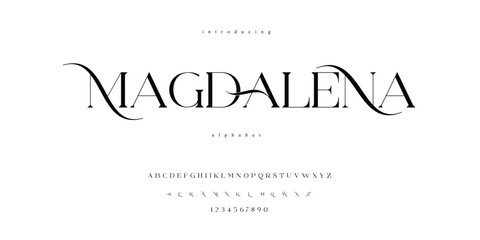 Magdalena, beautiful classic classy modern serif alphabet font typeface typography. Vector Illustrator editable.