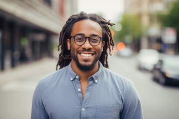 Black African American man smiling happy face portrait on a city street
