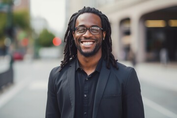 Black African American man smiling happy face portrait on a city street