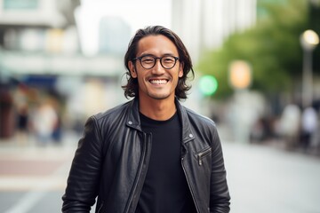 Asian man smiling happy face portrait on a city street - obrazy, fototapety, plakaty
