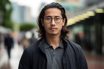 Fototapeta premium Asian man with long hair and glasses serious angry face portrait on city street