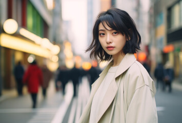 Asian woman standing on the street, busy, bustling, black hair, long white coat - obrazy, fototapety, plakaty