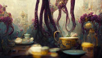 A Singaporean still life with many many hanging wisteria in the back a Chinoiserie Wall Mural in front Cthulu tea set little eldritch wires and tentacles connect everything elaborate details wide  - obrazy, fototapety, plakaty