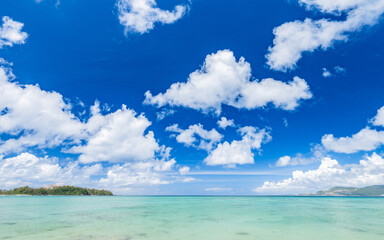 Beautiful view of tropical blue sea or ocean by the white beach and floating a cloud in summer, Okinawa in Japan, Nobody, Landscape or travel, High resolution over 50MP for wallpaper