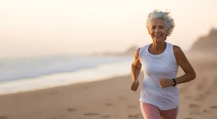 Photo sur Plexiglas Coucher de soleil sur la plage Senior woman jogging on beach, health care fitness and outdoors activity concept