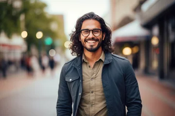 Foto op Canvas Man wearing glasses smile happy face portrait with yellow background © blvdone