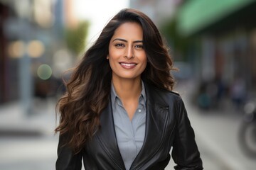Woman smile happy face portrait on a city street