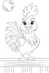 Coloring page a rooster stood on the fence in the early morning