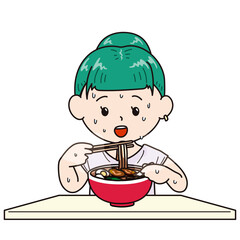 汗をかきながらラーメンを食べる女性