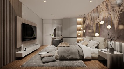 Modern Luxury Small Bedroom .3d rendering