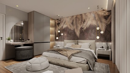 Modern Luxury Small Bedroom .3d rendering - obrazy, fototapety, plakaty