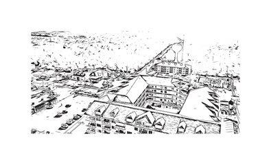 Building view with landmark of Sandbridge is the neighborhood in Virginia. Hand drawn sketch illustration in vector.