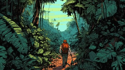 A male traveler in the lost jungle. Fantasy concept , Illustration painting. - obrazy, fototapety, plakaty