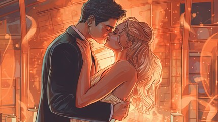 A girl is kissing a guy. The future husband and wife kissing, Romantic wedding moments. Fantasy concept , Illustration painting.