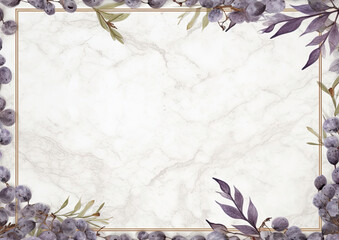 Purple flowers and leaves on a marble background