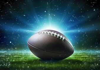 A football on a brightly lit grassy field