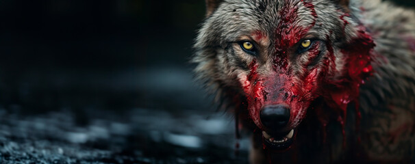The Terrifying Big Bad Wolf: Rabid Aggressive and Bloodthirsty Predator.   - obrazy, fototapety, plakaty