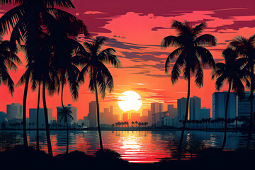 Miami city sunset silhouette on the cityscape