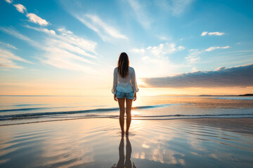 Fototapeta premium Rear view of a woman standing relaxed on a beach during her vacation, with sky reflecting on the calm ocean waters behind her