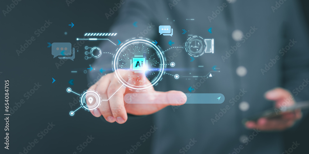 Poster Male hand touch with technology smart robot AI. Artificial intelligence by enter prompt for generates something, Futuristic technology transformation. Chatbot Chat with AI, Artificial Intelligence.