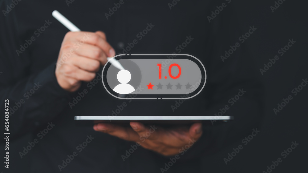 Aufkleber client give rate 1 star with angry emotion face on virtual screen. assessment testimonial review for