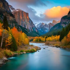 autumn landscape with lake and mountains